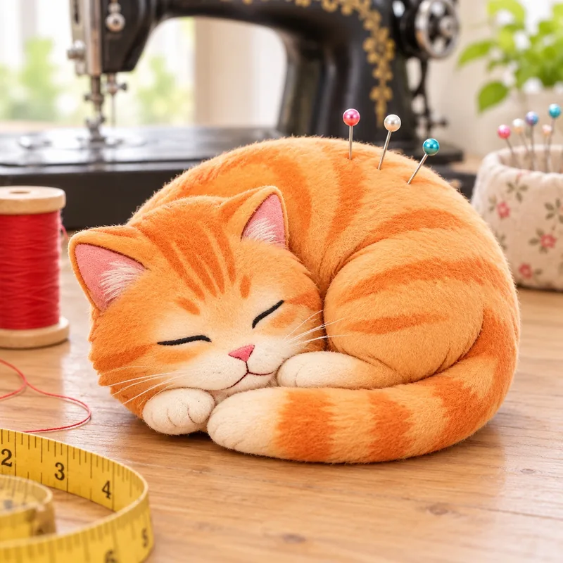 Макет: мягкая игольница в виде спящего рыжего кота с булавками
