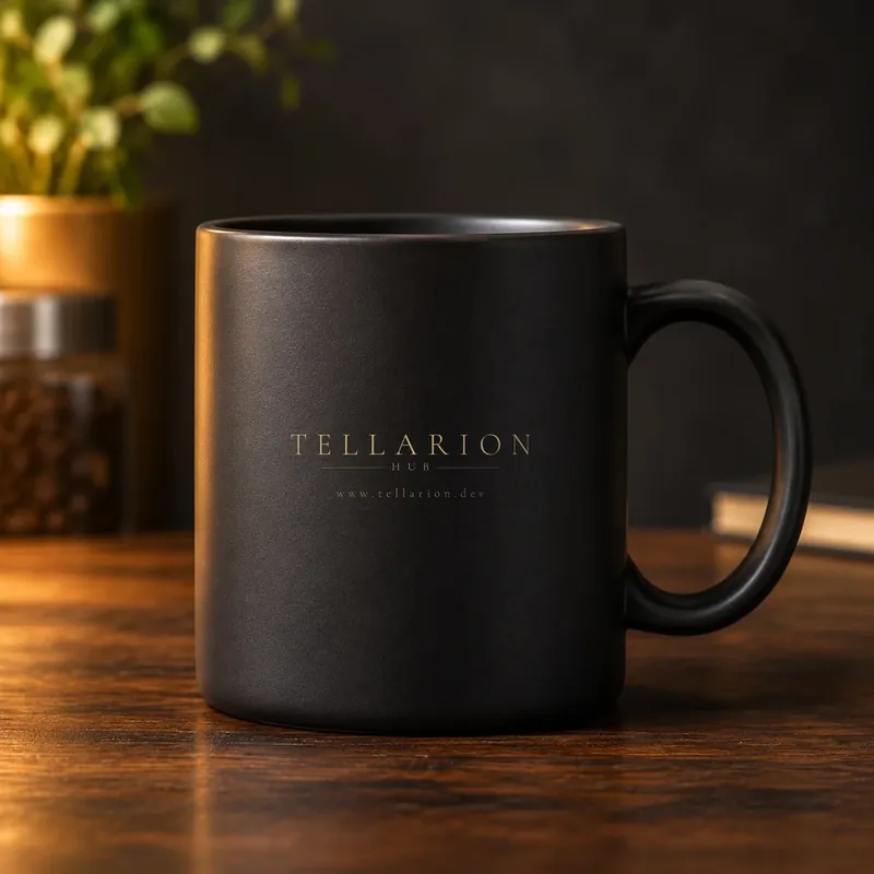Макет: чёрная матовая кружка с золотистым логотипом TellarionHUB