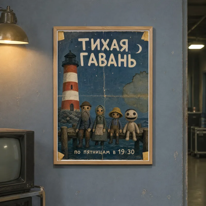 Макет: постер передачи «Тихая Гавань» — маяк и куклы на пирсе, в деревянной рамке