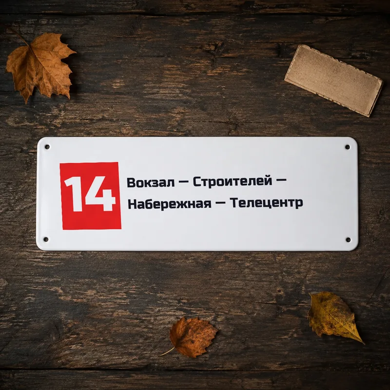 Макет: белая металлическая табличка маршрута № 14 «Вокзал — Строителей — Набережная — Телецентр»