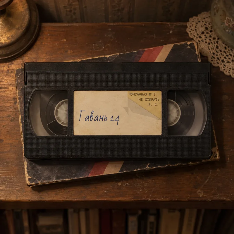 Макет: чёрная VHS-кассета с наклейкой «Гавань 14» и пометкой «Монтажная № 2, не стирать»