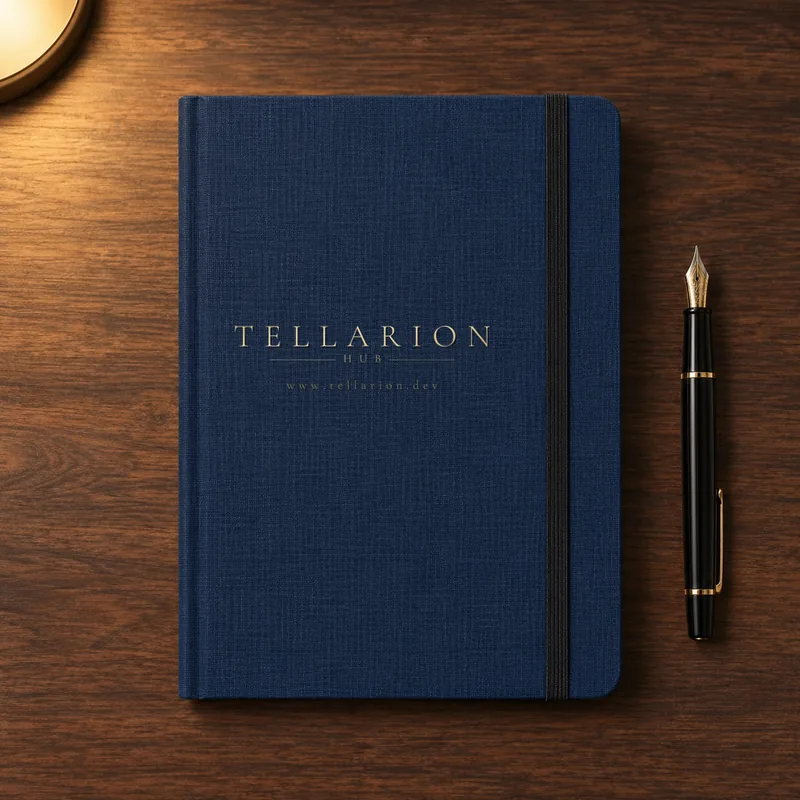 Макет: тёмно-синий блокнот с золотым тиснением логотипа TellarionHUB